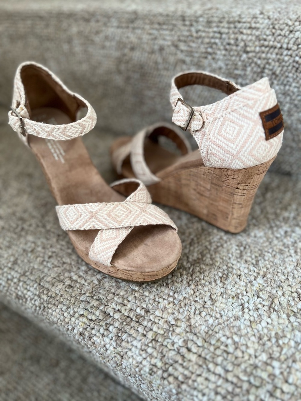 Toms Peachy Beige Woven Cork Wedge Sandals